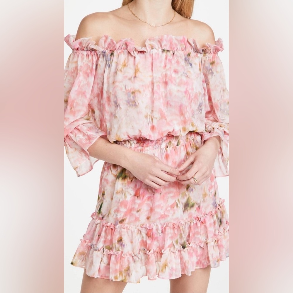 Misa Los Angeles Pink Floral Off-Shoulder Ruffle Dress